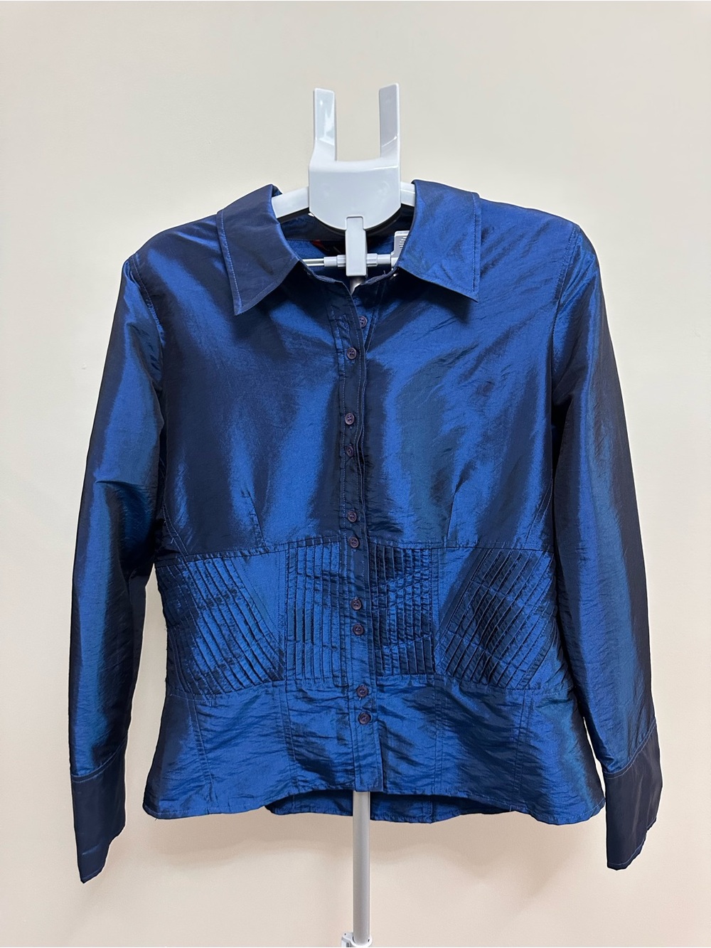 Simon Chang Shiny Navy Button-Front Blouse